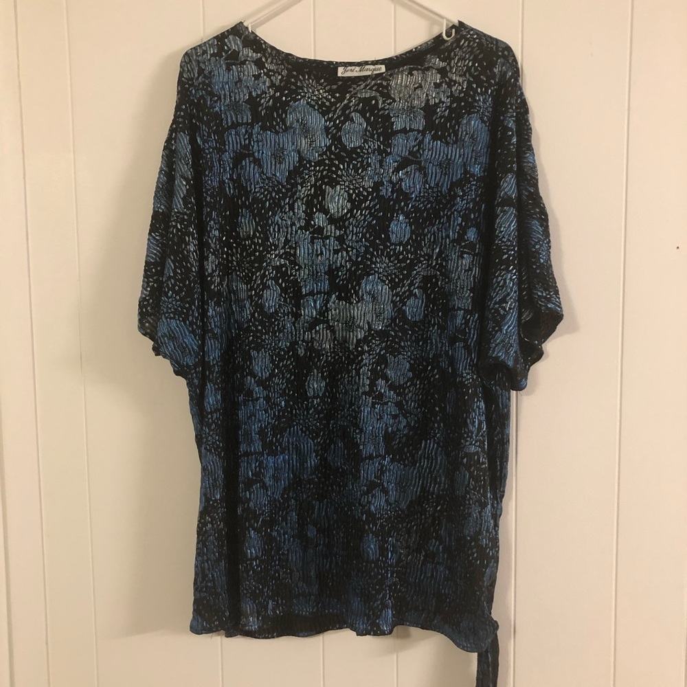 Jeri Marque Vintage Blue/Black Foil Crinkle Slinky Top Blouse 3X